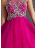 Fuchsia Tulle Beaded Halter Knee Length Prom Dress 